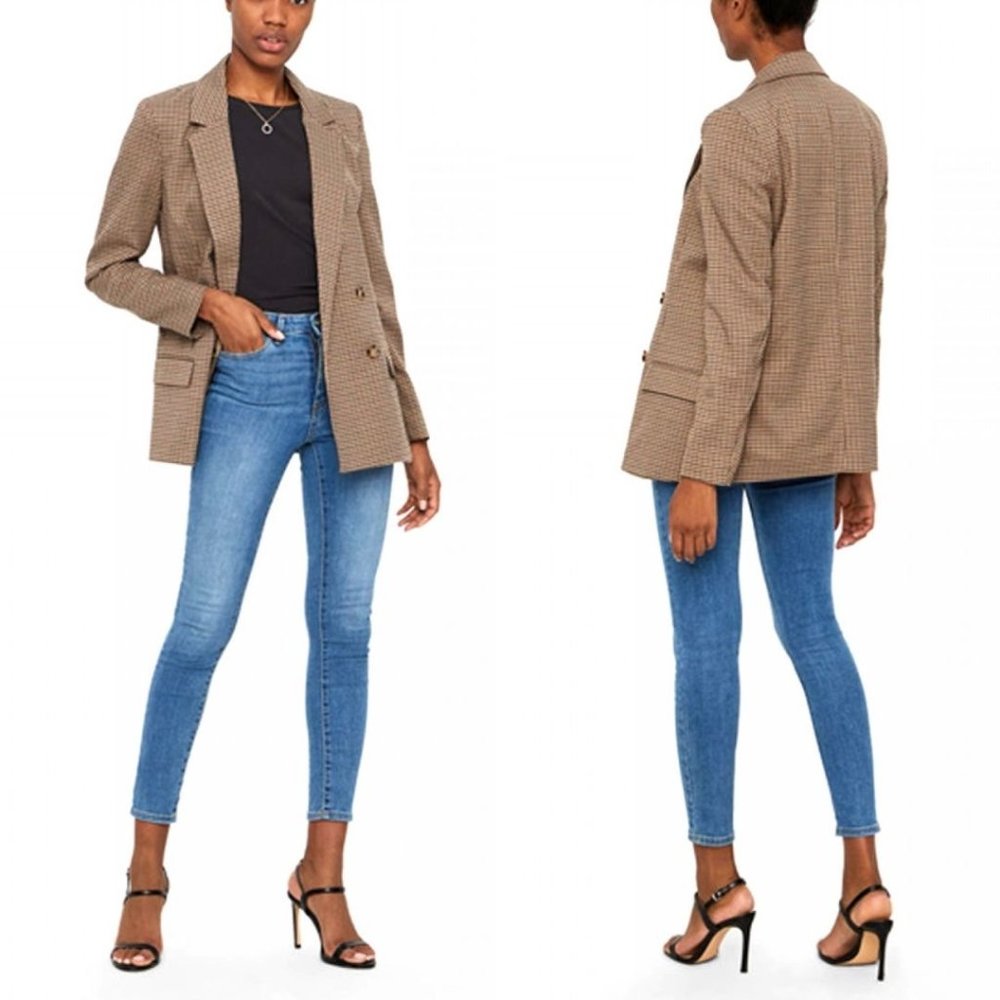 NWT Vero Moda Brown Plaid Houndstooth Oversized Longline Blazer Medium